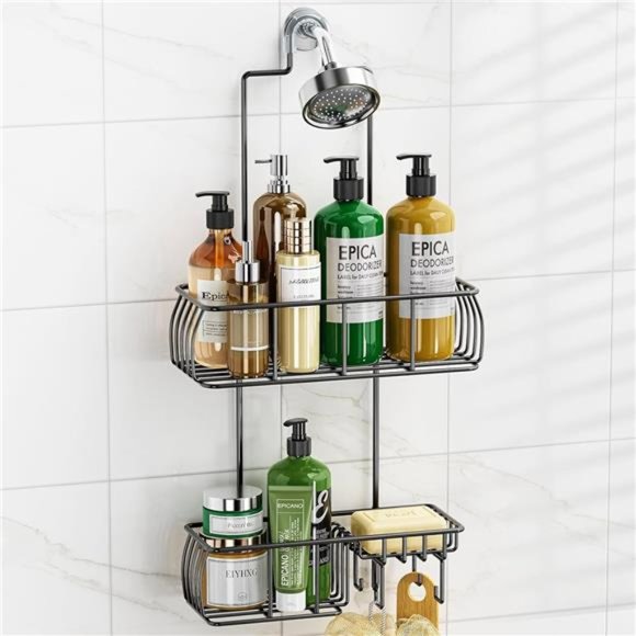 Shower Caddy Hanging, Anti-Swing Over Head Shower Caddy Rustproof with hooks - Picture 3 of 7